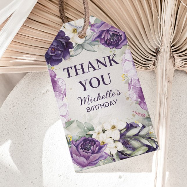 Étiquettes-cadeau Parties scintillant florale blanc pourpre Merci d' (Purple and white floral birthday party "Thank you" gift tags)