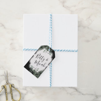 Étiquettes-cadeau Parties scintillant noire et bouquet floral d'Euca