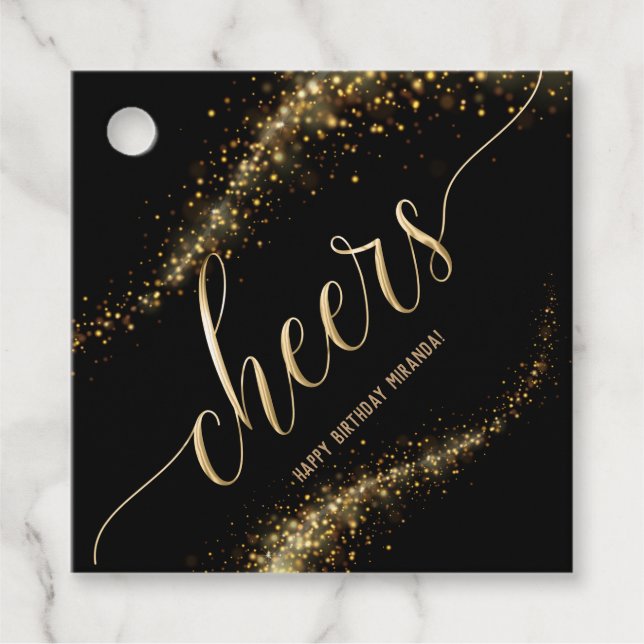 Étiquettes Cadeau Parties scintillant or Cheers Anniversaire personn (Devant)