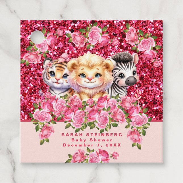 Étiquettes Cadeau Parties scintillant rose GIrl Baby shower animaux  (Devant)