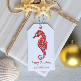 Étiquettes-cadeau Parties scintillant rouge des hippocampes de Noël