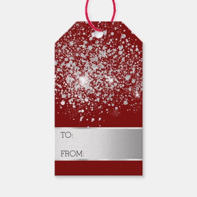 Étiquettes-cadeau Parties scintillant rouge Silver Confetti Noël (Devant)