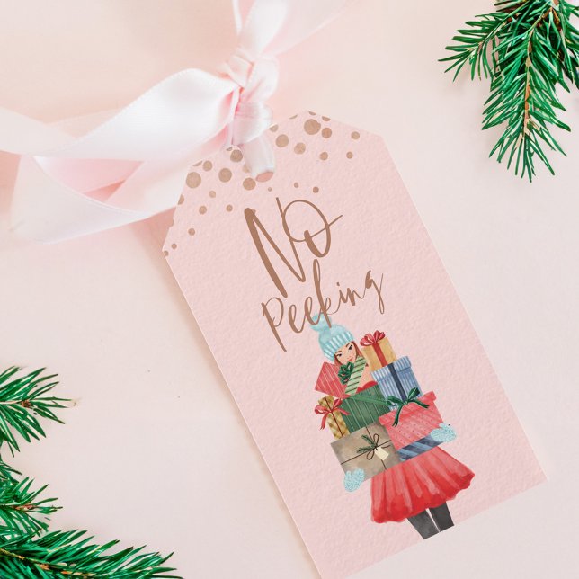 Étiquettes-cadeau Pas d'aquarelle de Pékin Fille de Noël présents (No Peeking Watercolor Girl Christmas Presents Gift Tags)