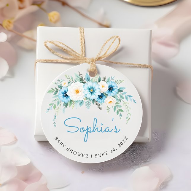 Étiquettes Cadeau Pastel Bleu Floral doux Baby shower élégant Favori (Créateur téléchargé)