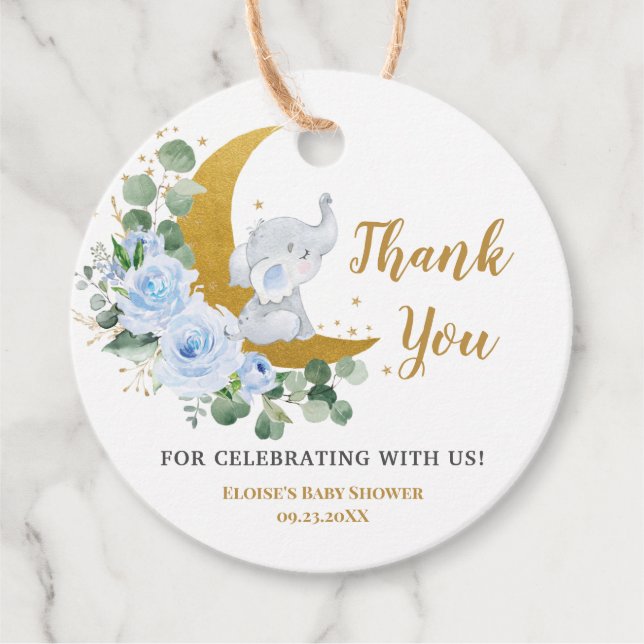Étiquettes Cadeau Pastel Bleu Flore Vert Eléphant Merci (Devant)