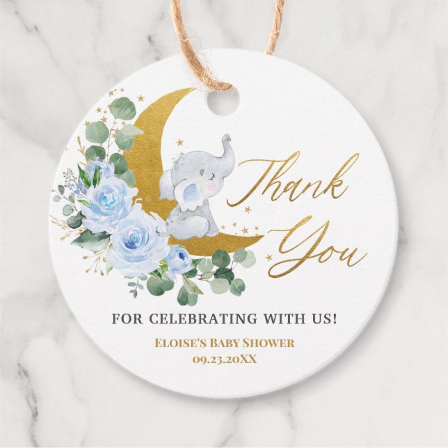 Étiquettes Cadeau Pastel Bleu Flore Vert Eléphant Merci Fa (Devant)