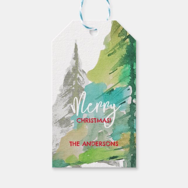 Étiquettes-cadeau Pastel Green Modern Christmas Tree Aquarelle Art (Devant)