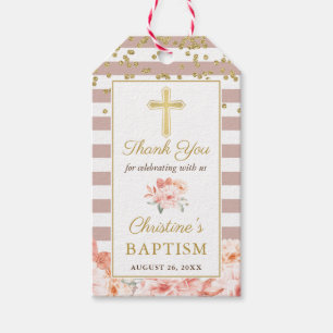 Étiquettes-cadeau Pastel Peach Floral Gold Cross Girl Baptême