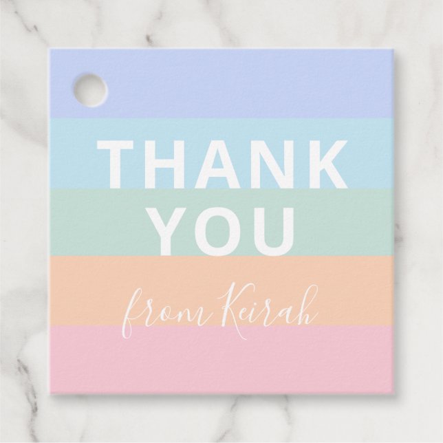 Étiquettes Cadeau Pastel Rainbow Stripes Nom du Merci (Devant)
