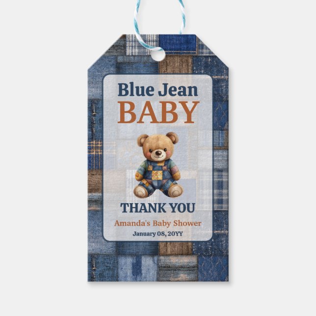 Étiquettes-cadeau Patchwork Western Denim Bear Blue Jean Baby Shower (Devant)