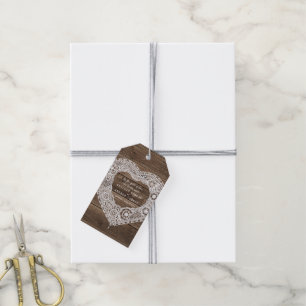 Étiquettes-cadeau pays mariage bois rustique dentelle coeur brun bla