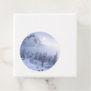 Étiquettes Cadeau Pays merveilleux d'hiver, brouillard, forêt d'épin