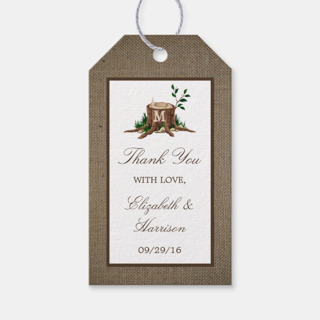 Étiquettes-cadeau Pays Russe Monogramme Arbre et Mariage de Burlap (Devant)