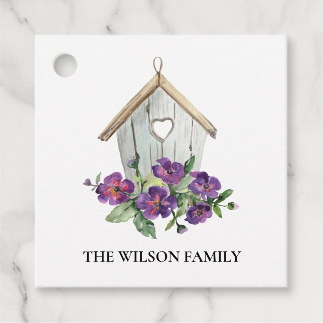 ÉTIQUETTES CADEAU PAYS RUSTIQUE BLANC VIOLET OISEAU FLORALE MAISON (Devant)