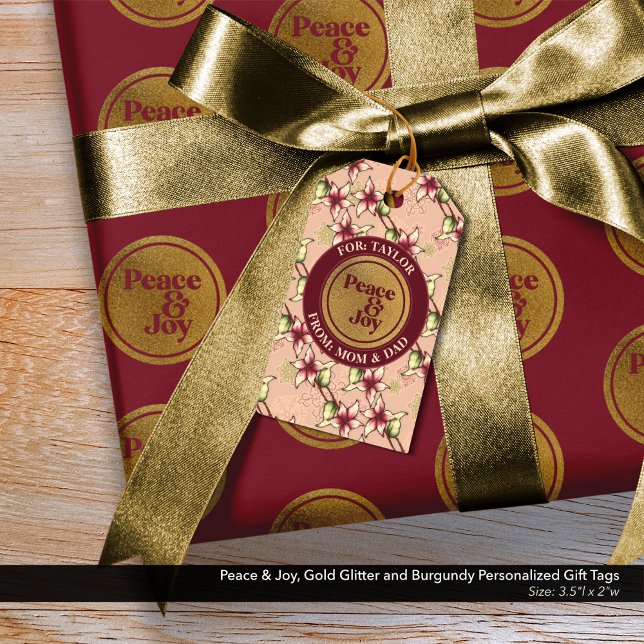 Étiquettes-cadeau Peace & Joy Gold Parties scintillant Bourgogne ros (Peace & Joy Gold Glitter, Pink, and Burgundy Christmas Gift Tags Personalized with Your Names.)