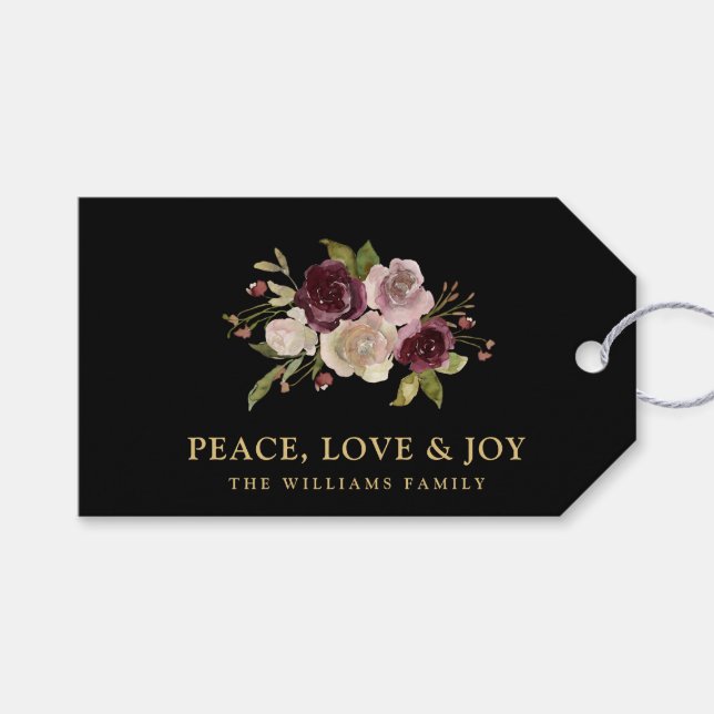 Étiquettes-cadeau Peace Love and Joy Winter Bouquet Black Holiday (Devant (Horizontal))