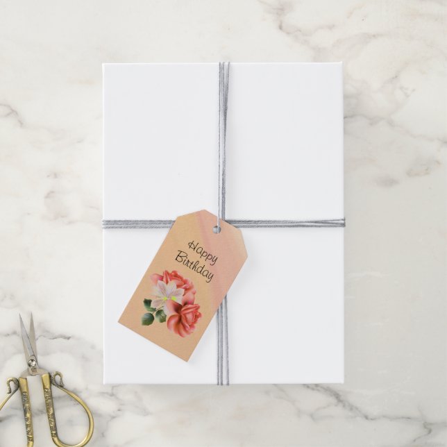 Étiquettes-cadeau Peach Peonies et Ghost Orchid Anniversaire (Avec de la ficelle)