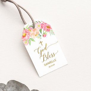 Étiquettes-cadeau Peach & Pink Peony Flowers Dieu Bénie Baptême Favo