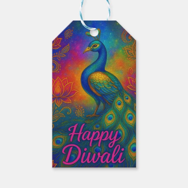 Étiquettes-cadeau Peacock, Lotus & Elephant Joyeux Diwali (Devant)