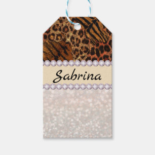 Étiquettes-cadeau peau de léopard tigre rose diamant paillettes cris