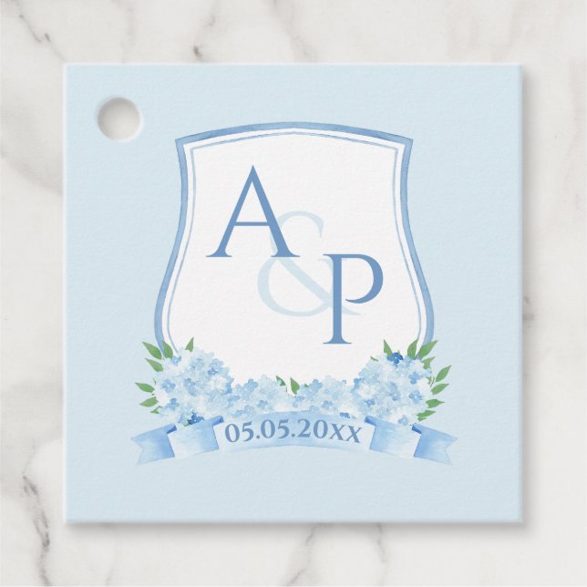 Étiquettes Cadeau Peint à la main Hydrangea Monogram Crest Mariage (Devant)