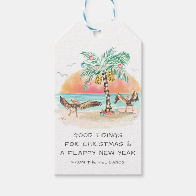 Étiquettes-cadeau Pélican et palmier Plage tropicale Noël (Devant)