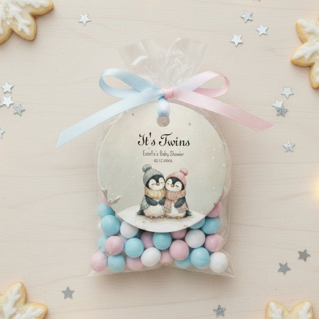 Étiquettes Cadeau Penguin Its Twins Winter Baby Shower Neutral (Créateur téléchargé)