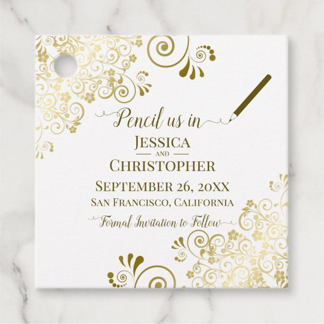 Étiquettes Cadeau Pensez-nous en mariage Enregistrer la date Or & Bl (Devant)