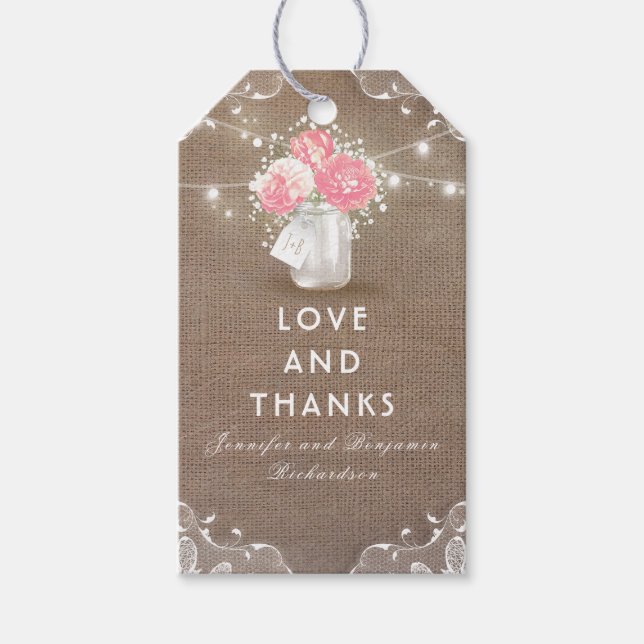 Étiquettes-cadeau Peonies Mason Jar Rustic Burlap Mariage (Devant)
