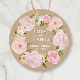Étiquettes Cadeau Peonies roses rousses Merci Mariage papier Kraft