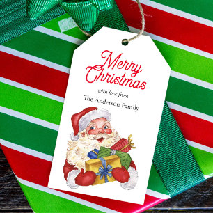 Étiquettes-cadeau Père Noël avec cadeaux aquarelle traditionnelle