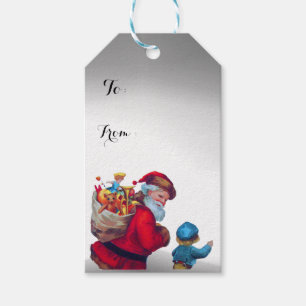 ÉTIQUETTES-CADEAU PÈRE NOËL AVEC L'ENFANT DANS LA NEIGE D'HIVER