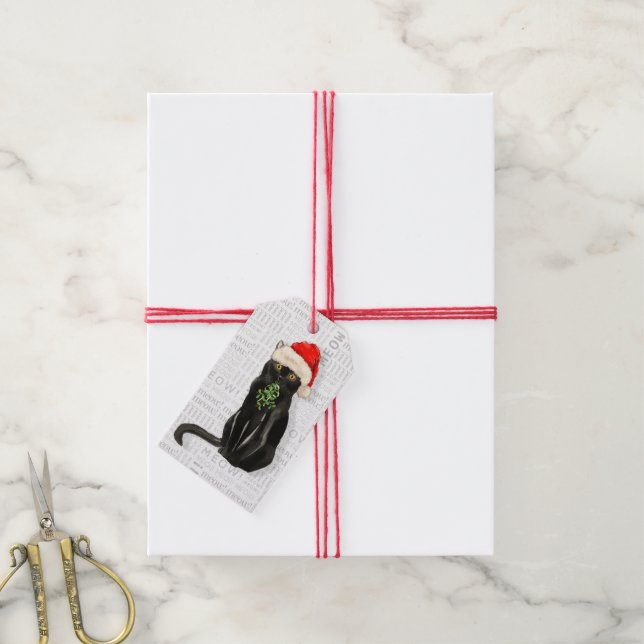 Étiquettes-cadeau Père Noël Black Bombay Chat Noël (Avec de la ficelle)