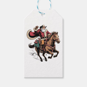 Étiquettes-cadeau Père Noël cow-boy à cheval Noël