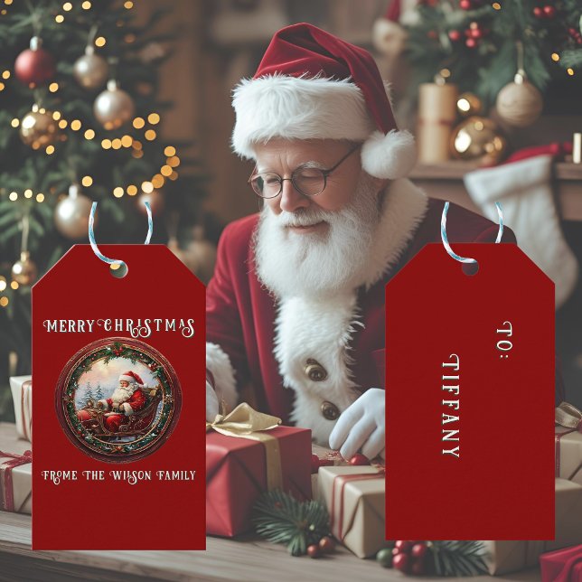 Étiquettes-cadeau Père Noël dans sa carte de voeux de traîneau (Créateur téléchargé)