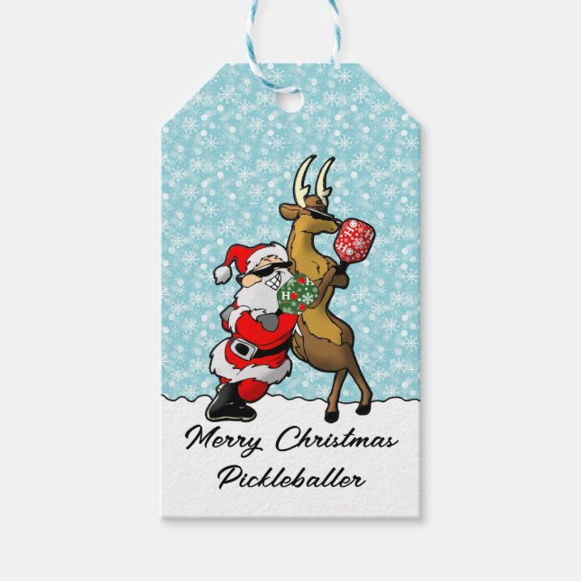 Étiquettes-cadeau Père Noël de Pickleball et Reindeer le mâcher (Devant)
