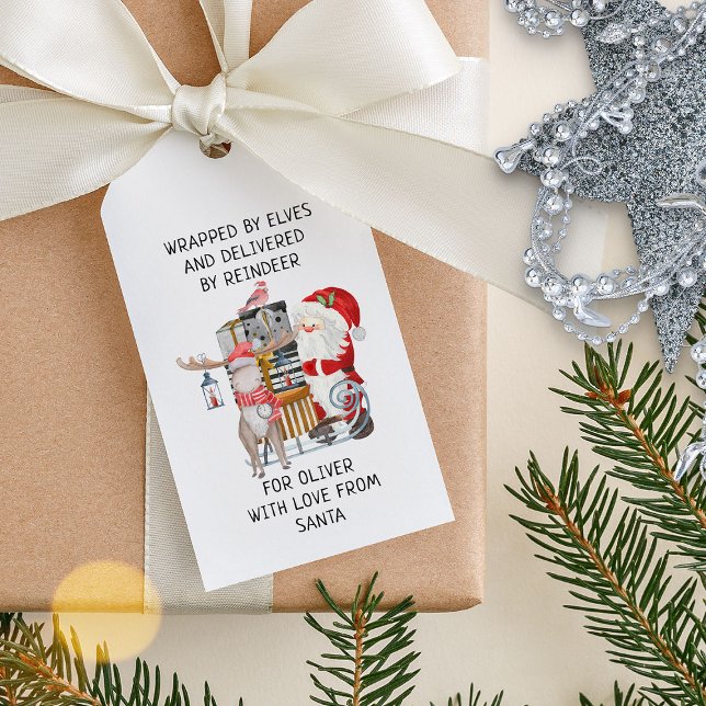 Étiquettes-cadeau Père Noël et Reindeer Enfants personnalisés Noël (Kids Gift Tags from Santa - cute and whimsical for children)