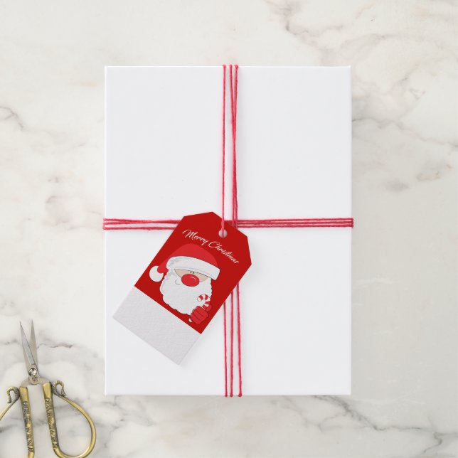 Étiquettes-cadeau Père Noël Face - texte blanc. (Avec de la ficelle)
