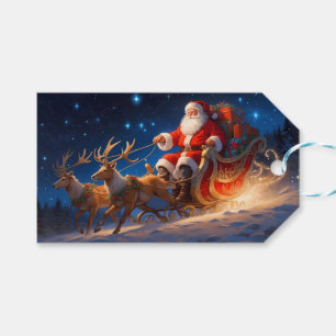 Étiquettes-cadeau Père Noël livrant des jouets sur une pente avec re