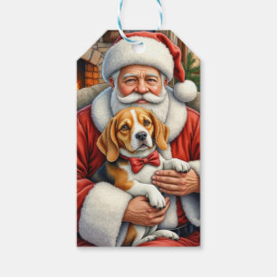 Étiquettes-cadeau Père Noël tenant l'art de Noël Beagle