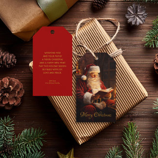 Étiquettes-cadeau Père Noël vintage Lecture d'un livre