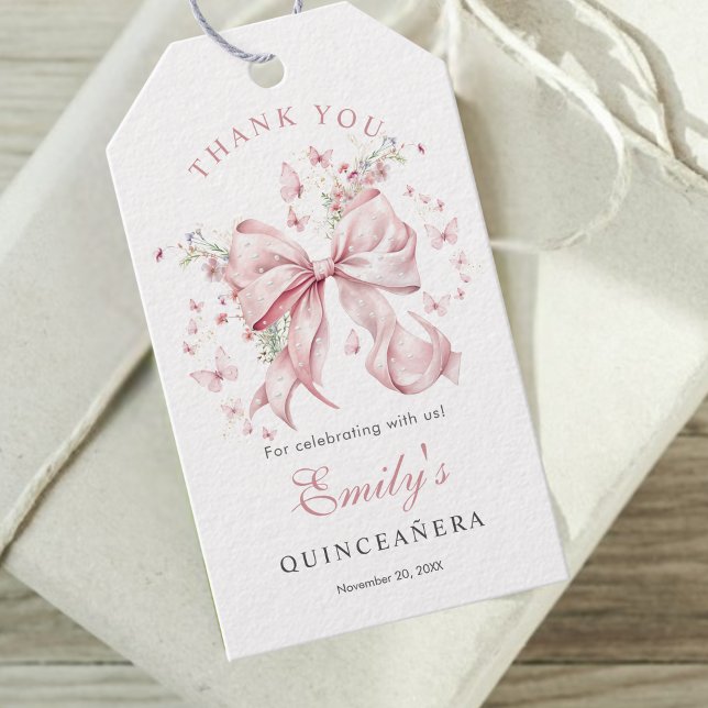 Étiquettes-cadeau Perles de Bow rose Quinceañera Merci Favoriser (Pink bow pearls quinceañera Thank you gift tag)
