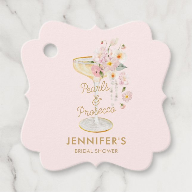 Étiquettes Cadeau Perles Élégantes et Rose Prosecco (Devant)