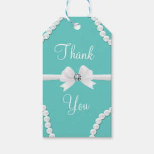 Étiquettes-cadeau Perles Glam Sarcelle & Nœud Blanc Bling Élégant Ch