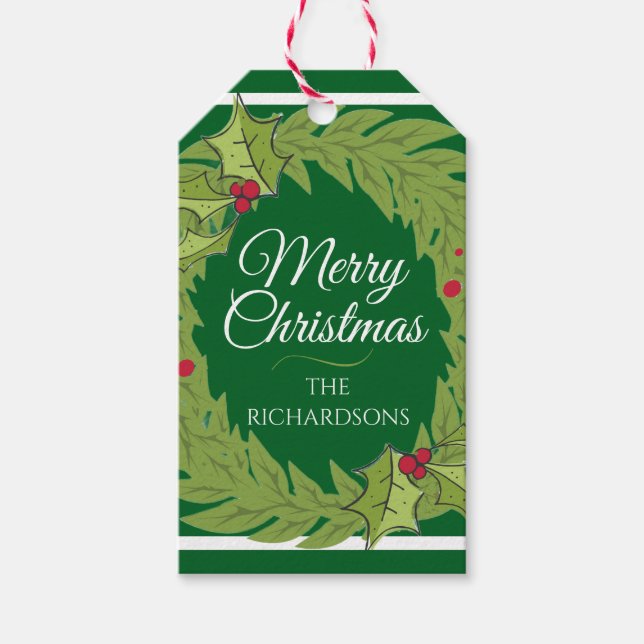Étiquettes-cadeau Personalized Christmas Wreath Green Gift Tag (Devant)
