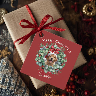 Étiquettes Cadeau Personalized Pet Christmas with Wreath & Name