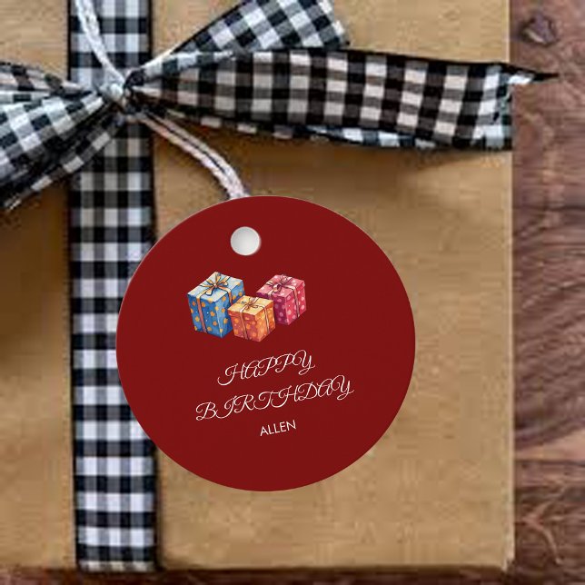 Étiquettes Cadeau Personalized Red & White "Happy Birthday"Round (Créateur téléchargé)