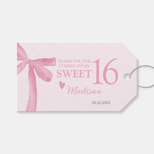 Étiquettes-cadeau Personalized Sweet 16 Birthday Coquette Pink Bow  (Devant (Horizontal))