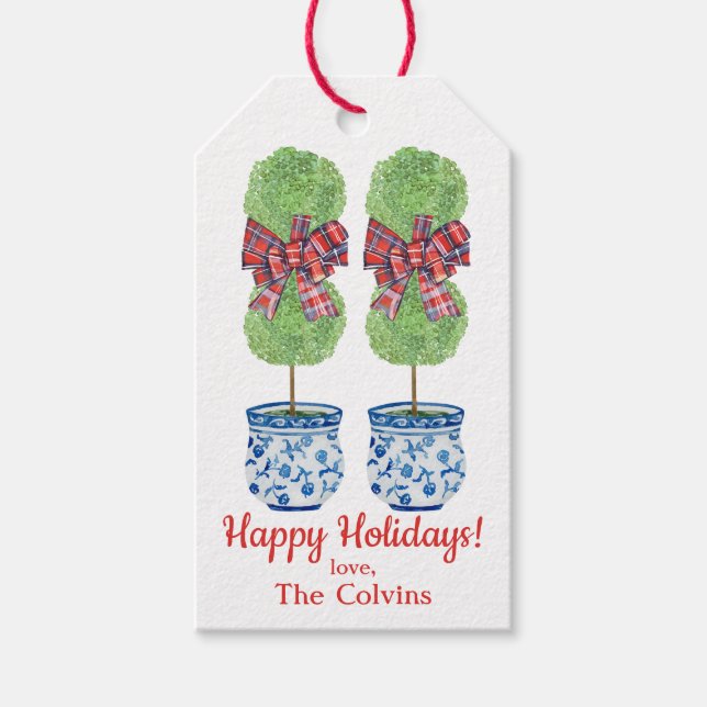 Étiquettes-cadeau Personnalisé Chinoiserie Topiary Christmas, Tartan (Devant)
