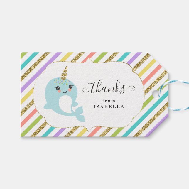 Étiquettes-cadeau Personnalisé Narwhal Rainbow Parties scintillant F (Devant (Horizontal))